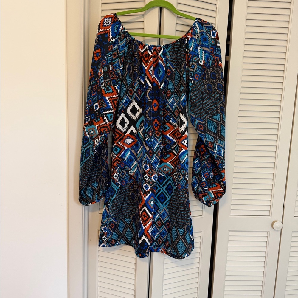 Women's Boho Long Sleeve Patterned Tunic Dress